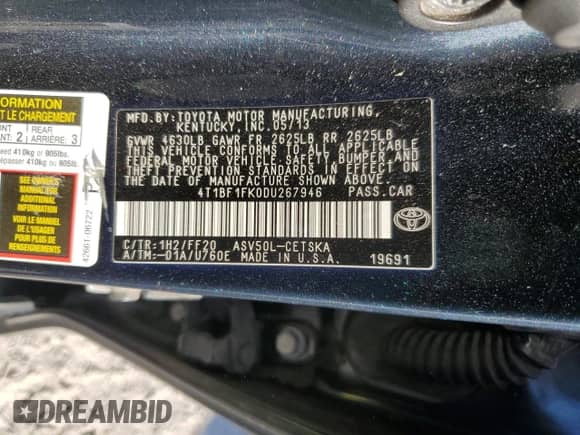 2013 Toyota Camry SE z VIN 4T1BF1FK0DU267946, wystawiony jako Copart lot #85169545 z przebiegiem Nie podano mil oraz Szkoda całkowita • Salvage title. Historia ofert i sprzedaży dostępna na DreamBid. Obrazek 12.