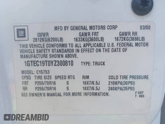 2000 GMC Sierra 1500 SLE z VIN 1GTEC19T0YZ300810, wystawiony jako IAAI lot #42471227 z przebiegiem Nie podano mil oraz . Historia ofert i sprzedaży dostępna na DreamBid. Obrazek 9.
