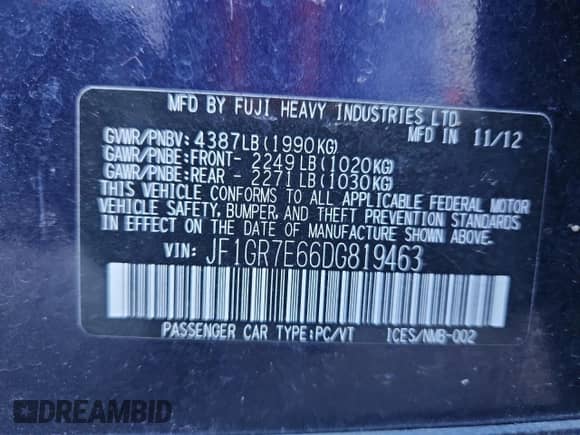 2013 Subaru WRX WRX Premium z VIN JF1GR7E66DG819463, wystawiony jako Copart lot #84255795 z przebiegiem 77 316 mil mil oraz Szkoda całkowita • Salvage title. Historia ofert i sprzedaży dostępna na DreamBid. Obrazek 12.