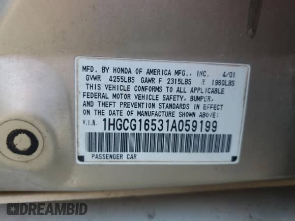 2001 Honda Accord EX z VIN 1HGCG16531A059199, wystawiony jako Copart lot #68537475 z przebiegiem 126 868 mil mil oraz Szkoda całkowita • Salvage title. Historia ofert i sprzedaży dostępna na DreamBid. Obrazek 12.