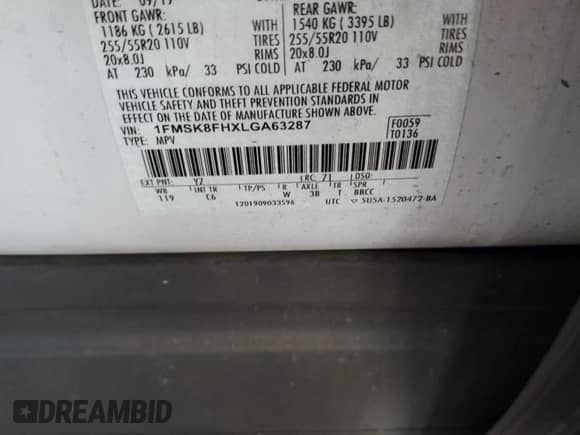 2020 Ford Explorer Limited z VIN 1FMSK8FHXLGA63287, wystawiony jako Copart lot #69707965 z przebiegiem 43 855 mil mil oraz Szkoda całkowita • Salvage title. Historia ofert i sprzedaży dostępna na DreamBid. Obrazek 12.