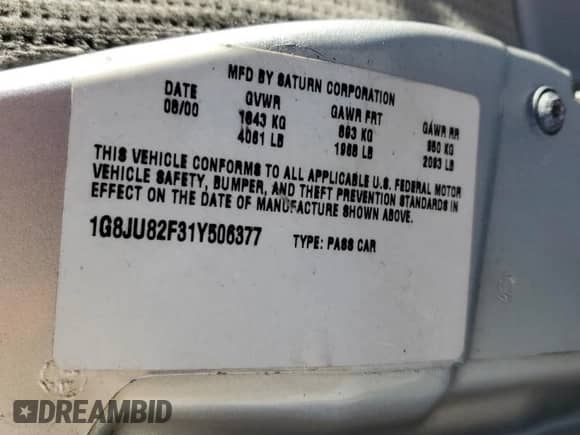 2001 Saturn LW с VIN 1G8JU82F31Y506377, выставлен на аукционе Copart как лот 89013205 с пробегом 142 166 миль миль и Списание • Salvage title. История ставок и продаж доступна на DreamBid. Изображение 13.