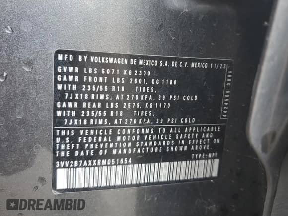 2024 Volkswagen Tiguan SE с VIN 3VV2B7AXXRM051654, выставлен на аукционе Copart как лот 71794435 с пробегом 89 669 миль миль и Чистый • Clean title. История ставок и продаж доступна на DreamBid. Изображение 13.