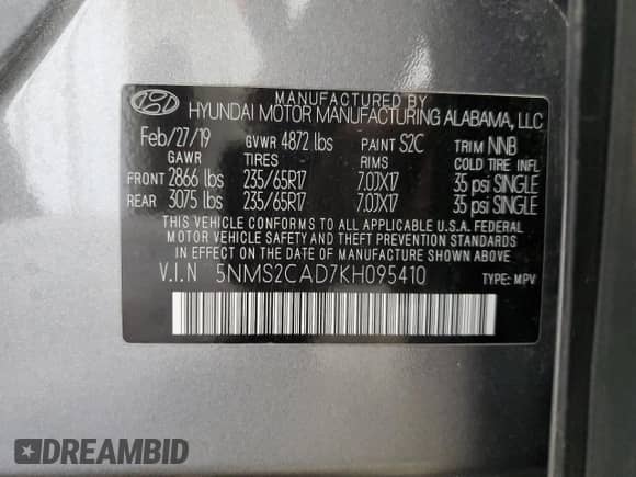 2019 Hyundai Santa Fe SE with VIN 5NMS2CAD7KH095410, listed as a Copart auction lot 86133115 with 98,866 mi miles and Salvage title. Bid and sale history available at DreamBid. Image 14.