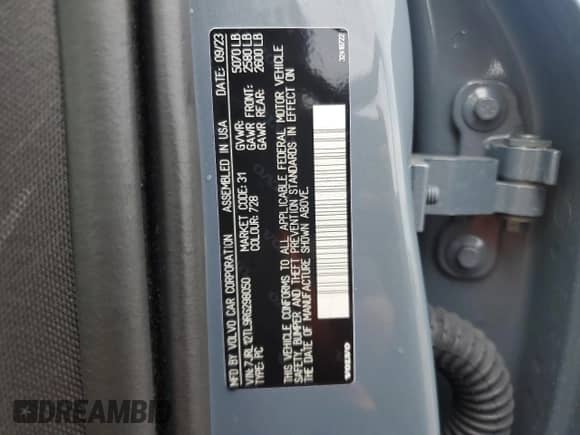 2024 Volvo S60 Plus Dark Theme with VIN 7JRL12TL9RG298050, listed as a Copart auction lot 61386395 with 34,761 mi miles and Salvage title. Bid and sale history available at DreamBid. Image 13.