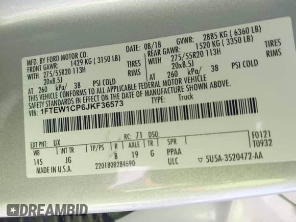 2018 Ford F-150 XL with VIN 1FTEW1CP6JKF36573, listed as a IAAI auction lot 42314415 with 121,240 mi miles and . Bid and sale history available at DreamBid. Image 9.