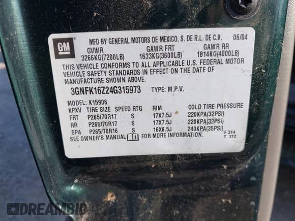 2004 Chevrolet Suburban LS z VIN 3GNFK16Z24G315973, wystawiony jako IAAI lot #43210297 z przebiegiem 101 255 mil mil oraz . Historia ofert i sprzedaży dostępna na DreamBid. Obrazek 9.