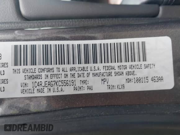 2019 Jeep Grand Cherokee Altitude с VIN 1C4RJEAG7KC556191, выставлен на аукционе IAAI как лот 42160524 с пробегом 96 373 миль миль и . История ставок и продаж доступна на DreamBid. Изображение 9.