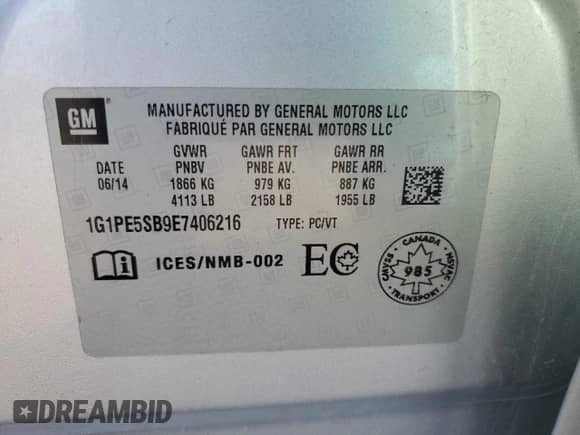 2014 Chevrolet Cruze 2LT with VIN 1G1PE5SB9E7406216, listed as a Copart auction lot 57094655 with 240,420 mi miles and Clean title. Bid and sale history available at DreamBid. Image 12.