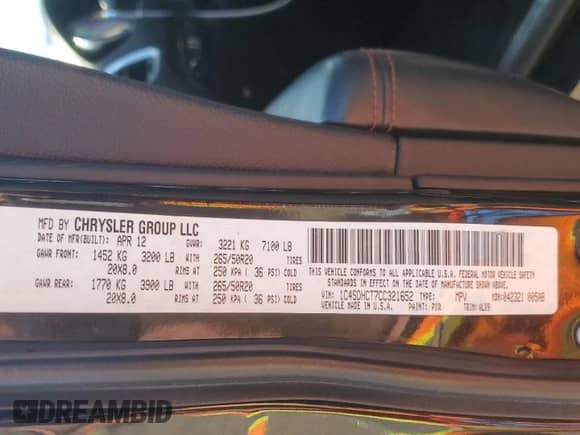 2012 Dodge Durango R/T with VIN 1C4SDHCT7CC321652, listed as a Copart auction lot 51764035 with 173,287 mi miles and Salvage title. Bid and sale history available at DreamBid. Image 14.