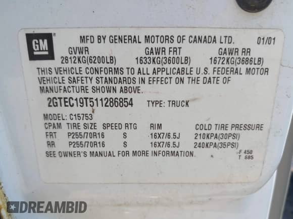 2001 GMC Sierra 1500 SLE с VIN 2GTEC19T511286854, выставлен на аукционе IAAI как лот 42961608 с пробегом 169 008 миль миль и . История ставок и продаж доступна на DreamBid. Изображение 9.