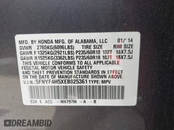 2014 Honda Pilot EX-L z VIN 5FNYF4H5XEB025361, wystawiony jako IAAI lot #42600092 z przebiegiem 169 019 mil mil oraz . Historia ofert i sprzedaży dostępna na DreamBid. Obrazek 9.