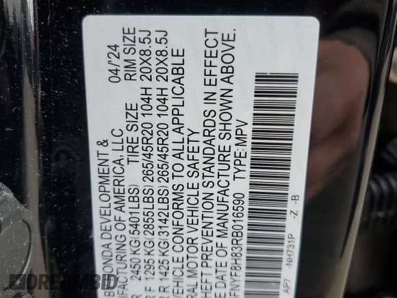 2024 Honda Passport Black Edition with VIN 5FNYF8H83RB016590, listed as a Copart auction lot 48287395 with 6,455 mi miles and Salvage title. Bid and sale history available at DreamBid. Image 15.