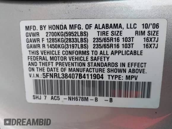 2007 Honda Odyssey EX z VIN 5FNRL38407B411904, wystawiony jako IAAI lot #43516250 z przebiegiem 151 533 mil mil oraz . Historia ofert i sprzedaży dostępna na DreamBid. Obrazek 9.