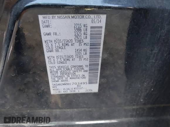 2014 Nissan Pathfinder SV with VIN 5N1AR2MN9EC703495, listed as a IAAI auction lot 41676908 with 233,047 mi miles and . Bid and sale history available at DreamBid. Image 9.