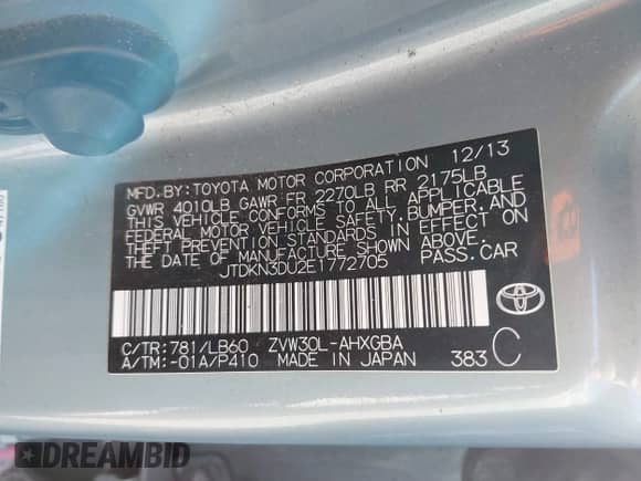 2014 Toyota Prius Four z VIN JTDKN3DU2E1772705, wystawiony jako IAAI lot #41314533 z przebiegiem 124 908 mil mil oraz . Historia ofert i sprzedaży dostępna na DreamBid. Obrazek 9.