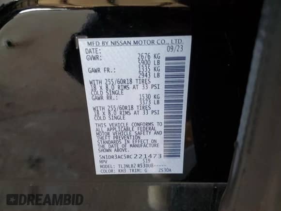 2024 Nissan Pathfinder S с VIN 5N1DR3AC5RC221473, выставлен на аукционе Copart как лот 80707265 с пробегом 34 567 миль миль и Списание • Salvage title. История ставок и продаж доступна на DreamBid. Изображение 14.