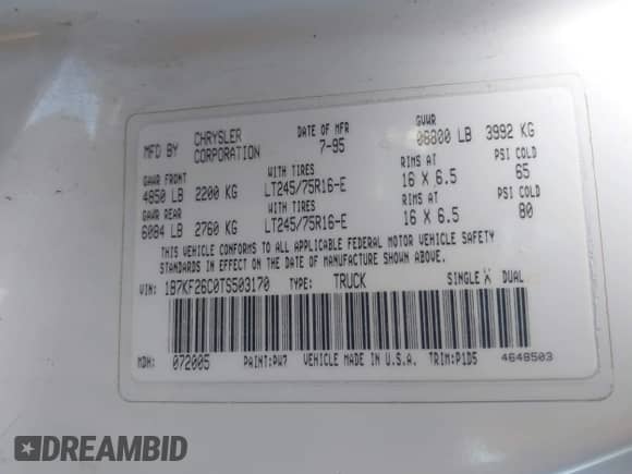 1996 Dodge 2500 with VIN 1B7KF26C0TS503170, listed as a IAAI auction lot 42835195 with 144,335 mi miles and . Bid and sale history available at DreamBid. Image 9.