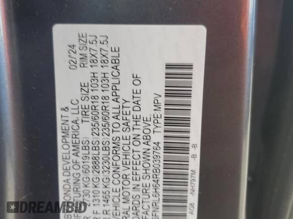 2024 Honda Odyssey EX-L с VIN 5FNRL6H64RB039764, выставлен на аукционе Copart как лот 57813785 с пробегом 5 167 миль миль и Списание • Salvage title. История ставок и продаж доступна на DreamBid. Изображение 13.