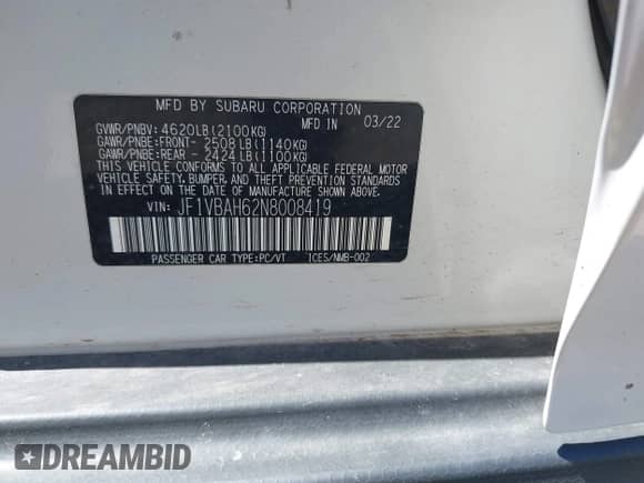 2022 Subaru WRX Premium с VIN JF1VBAH62N8008419, выставлен на аукционе IAAI как лот 42048545 с пробегом 53 193 миль миль и . История ставок и продаж доступна на DreamBid. Изображение 9.