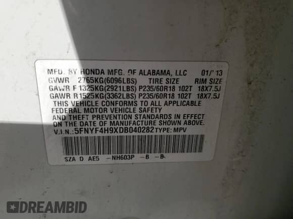 2013 Honda Pilot Touring with VIN 5FNYF4H9XDB040282, listed as a Copart auction lot 85271615 with 178,386 mi miles and Salvage title. Bid and sale history available at DreamBid. Image 13.