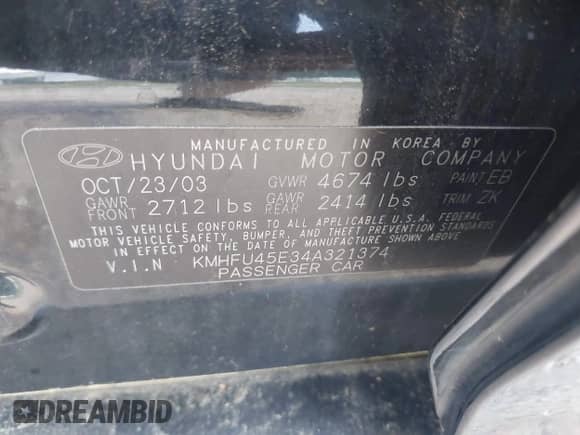 2004 Hyundai XG с VIN KMHFU45E34A321374, выставлен на аукционе IAAI как лот 42645972 с пробегом 95 799 миль миль и . История ставок и продаж доступна на DreamBid. Изображение 9.