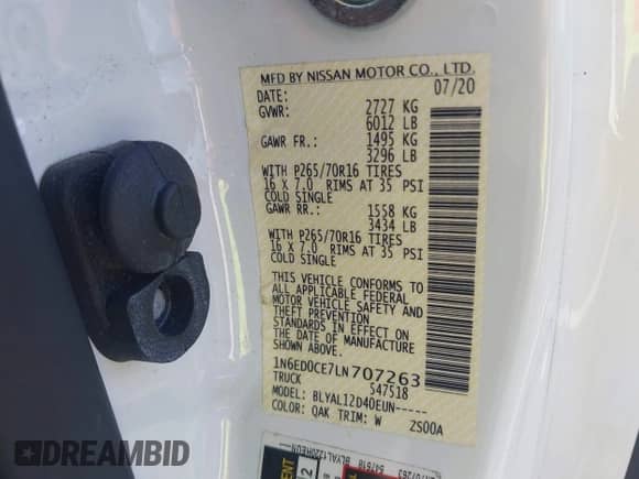 2020 Nissan Frontier S with VIN 1N6ED0CE7LN707263, listed as a IAAI auction lot 43064764 with 26,665 mi miles and . Bid and sale history available at DreamBid. Image 9.