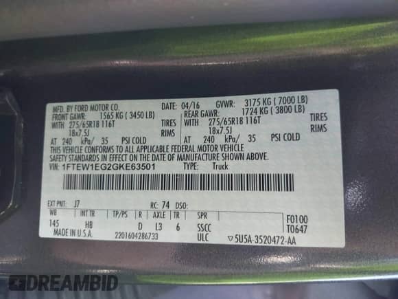 2016 Ford F-150 XLT z VIN 1FTEW1EG2GKE63501, wystawiony jako IAAI lot #43281858 z przebiegiem Nie podano mil oraz . Historia ofert i sprzedaży dostępna na DreamBid. Obrazek 9.