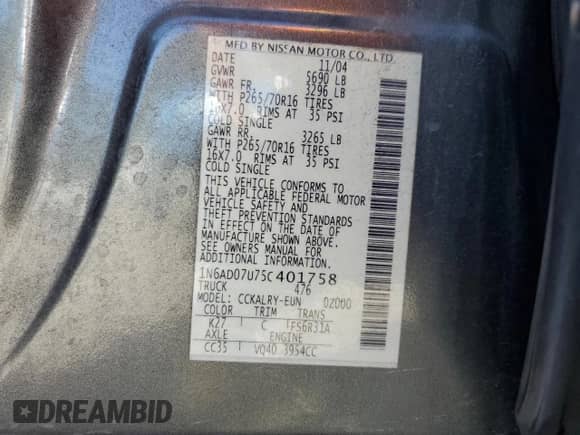 2005 Nissan Frontier SE with VIN 1N6AD07U75C401758, listed as a Copart auction lot 86328055 with 133,173 mi miles and Non repairable. Bid and sale history available at DreamBid. Image 12.