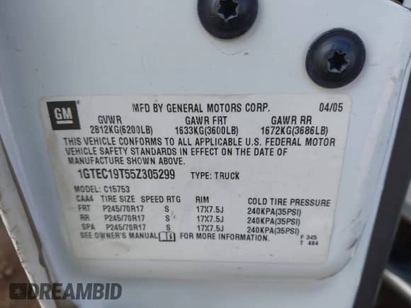 2005 GMC Sierra 1500 SLE с VIN 1GTEC19T55Z305299, выставлен на аукционе IAAI как лот 42211248 с пробегом 154 222 миль миль и . История ставок и продаж доступна на DreamBid. Изображение 9.