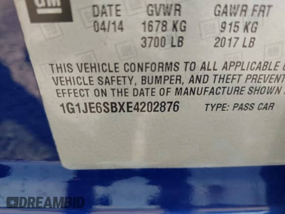 2014 Chevrolet Sonic LTZ with VIN 1G1JE6SBXE4202876, listed as a IAAI auction lot 42470700 with 155,689 mi miles and . Bid and sale history available at DreamBid. Image 9.
