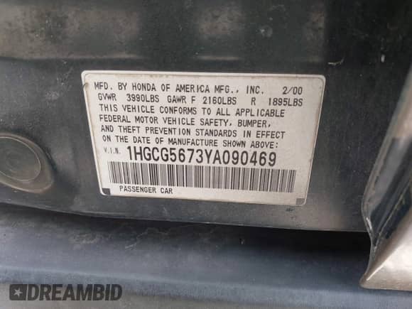 2000 Honda Accord SE с VIN 1HGCG5673YA090469, выставлен на аукционе IAAI как лот 42391254 с пробегом 140 819 миль миль и . История ставок и продаж доступна на DreamBid. Изображение 9.