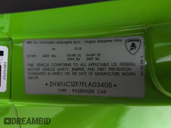 2015 Lamborghini Huracan с VIN ZHWUC1ZF7FLA03405, выставлен на аукционе Copart как лот 57724465 с пробегом 31 953 миль миль и Чистый • Clean title. История ставок и продаж доступна на DreamBid. Изображение 10.