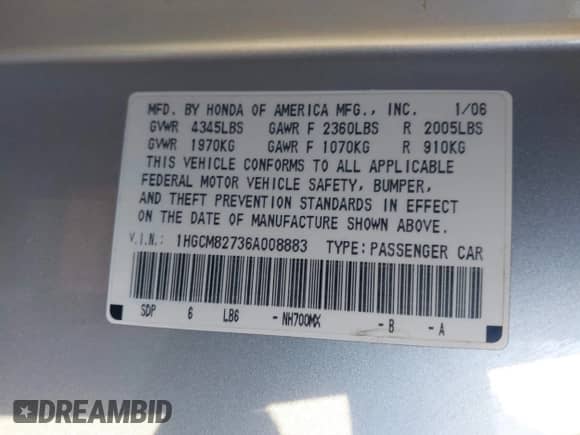 2006 Honda Accord EX-L z VIN 1HGCM82736A008883, wystawiony jako IAAI lot #41391973 z przebiegiem 191 219 mil mil oraz . Historia ofert i sprzedaży dostępna na DreamBid. Obrazek 9.