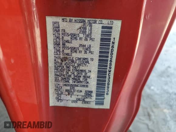 1998 Nissan Frontier XE with VIN 1N6DD26S9WC339936, listed as a Copart auction lot 80301365 with 269,326 mi miles and Clean title. Bid and sale history available at DreamBid. Image 12.