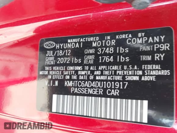 2013 Hyundai Veloster w/Black Int z VIN KMHTC6AD4DU101917, wystawiony jako IAAI lot #43406444 z przebiegiem 124 547 mil mil oraz . Historia ofert i sprzedaży dostępna na DreamBid. Obrazek 9.