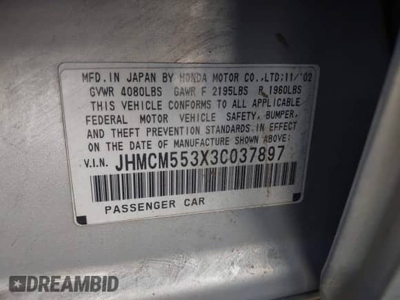 2003 Honda Accord LX with VIN JHMCM553X3C037897, listed as a IAAI auction lot 42184939 with 175,132 mi miles and . Bid and sale history available at DreamBid. Image 9.