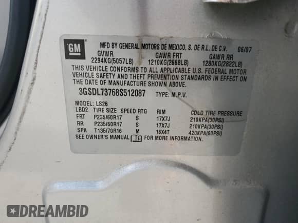 2008 Saturn VUE XR с VIN 3GSDL73768S512087, выставлен на аукционе Copart как лот 57958945 с пробегом 155 244 миль миль и Списание • Salvage title. История ставок и продаж доступна на DreamBid. Изображение 13.
