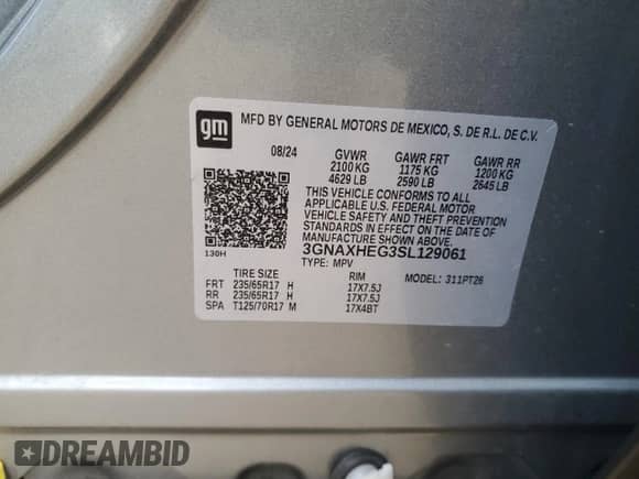 2025 Chevrolet Equinox FWD LT с VIN 3GNAXHEG3SL129061, выставлен на аукционе Copart как лот 68077685 с пробегом 12 078 миль миль и Списание • Salvage title. История ставок и продаж доступна на DreamBid. Изображение 13.