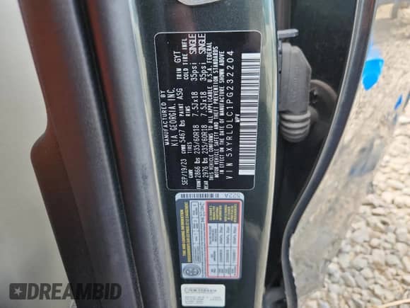 2023 Kia Sorento X-Line S with VIN 5XYRLDLC1PG232204, listed as a Copart auction lot 71703835 with 42,784 mi miles and Salvage title. Bid and sale history available at DreamBid. Image 12.