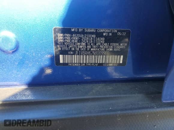 2022 Subaru WRX Premium with VIN JF1VBAH62N8009960, listed as a Copart auction lot 49588285 with 33,138 mi miles and Salvage title. Bid and sale history available at DreamBid. Image 15.