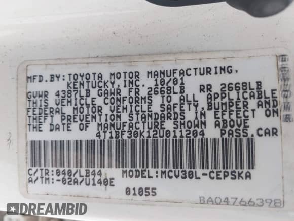 2002 Toyota Camry XLE с VIN 4T1BF30K12U011204, выставлен на аукционе IAAI как лот 43077070 с пробегом 349 350 миль миль и . История ставок и продаж доступна на DreamBid. Изображение 9.