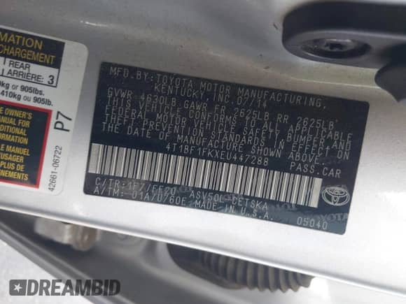 2014 Toyota Camry SE with VIN 4T1BF1FKXEU447288, listed as a IAAI auction lot 43034626 with 233,747 mi miles and . Bid and sale history available at DreamBid. Image 9.