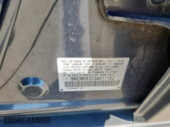 2003 Honda Accord LX with VIN 1HGCM56323A011162, listed as a Copart auction lot 72096975 with 316,720 mi miles and Salvage title. Bid and sale history available at DreamBid. Image 12.