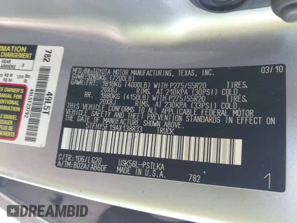 2010 Toyota Tundra Limited z VIN 5TFHY5F19AX138833, wystawiony jako IAAI lot #42047252 z przebiegiem 173 765 mil mil oraz . Historia ofert i sprzedaży dostępna na DreamBid. Obrazek 9.