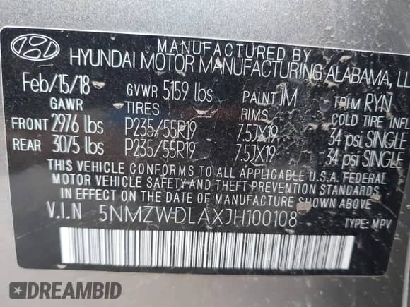 2018 Hyundai Santa Fe Ultimate с VIN 5NMZWDLAXJH100108, выставлен на аукционе IAAI как лот 42126768 с пробегом 68 325 миль миль и . История ставок и продаж доступна на DreamBid. Изображение 9.