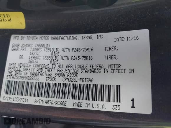 2017 Toyota Tacoma SR5 with VIN 5TFAZ5CN9HX028333, listed as a IAAI auction lot 42278300 with 138,309 mi miles and . Bid and sale history available at DreamBid. Image 9.
