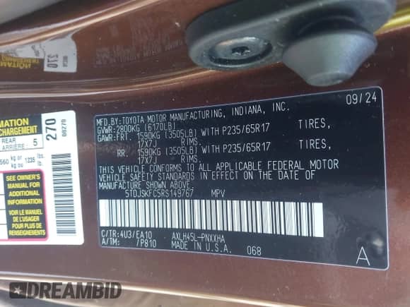 2024 Toyota Sienna XLE with VIN 5TDJSKFC5RS149767, listed as a IAAI auction lot 42038312 with Not provided miles and . Bid and sale history available at DreamBid. Image 9.