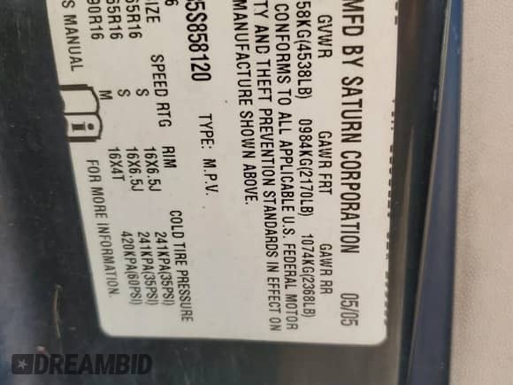 2005 Saturn VUE with VIN 5GZCZ23D35S858120, listed as a Copart auction lot 72073894 with 261,393 mi miles and Salvage title. Bid and sale history available at DreamBid. Image 13.
