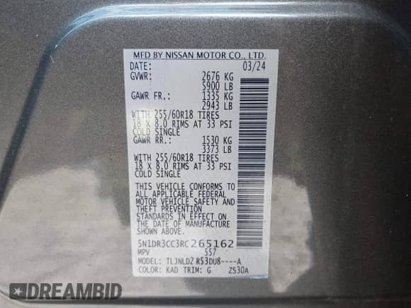 2024 Nissan Pathfinder SL with VIN 5N1DR3CC3RC265162, listed as a IAAI auction lot 43325560 with 9,166 mi miles and . Bid and sale history available at DreamBid. Image 9.